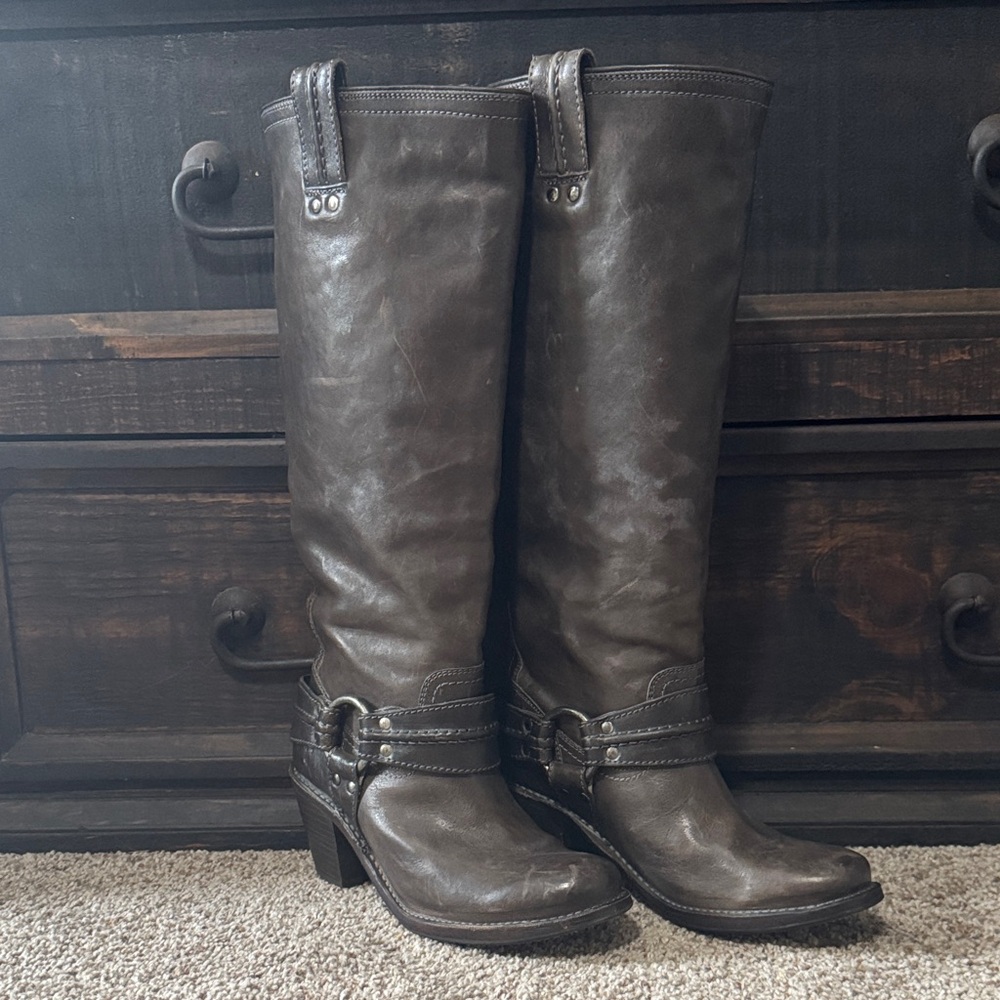 Frye Rich Brown Leather Boots with Strap Detail